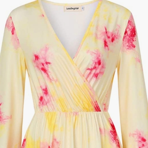 Leadingstar Yellow Tie-Dyed Long Sleeve Surplice Neckline Dress Size Large - Picture 4 of 9